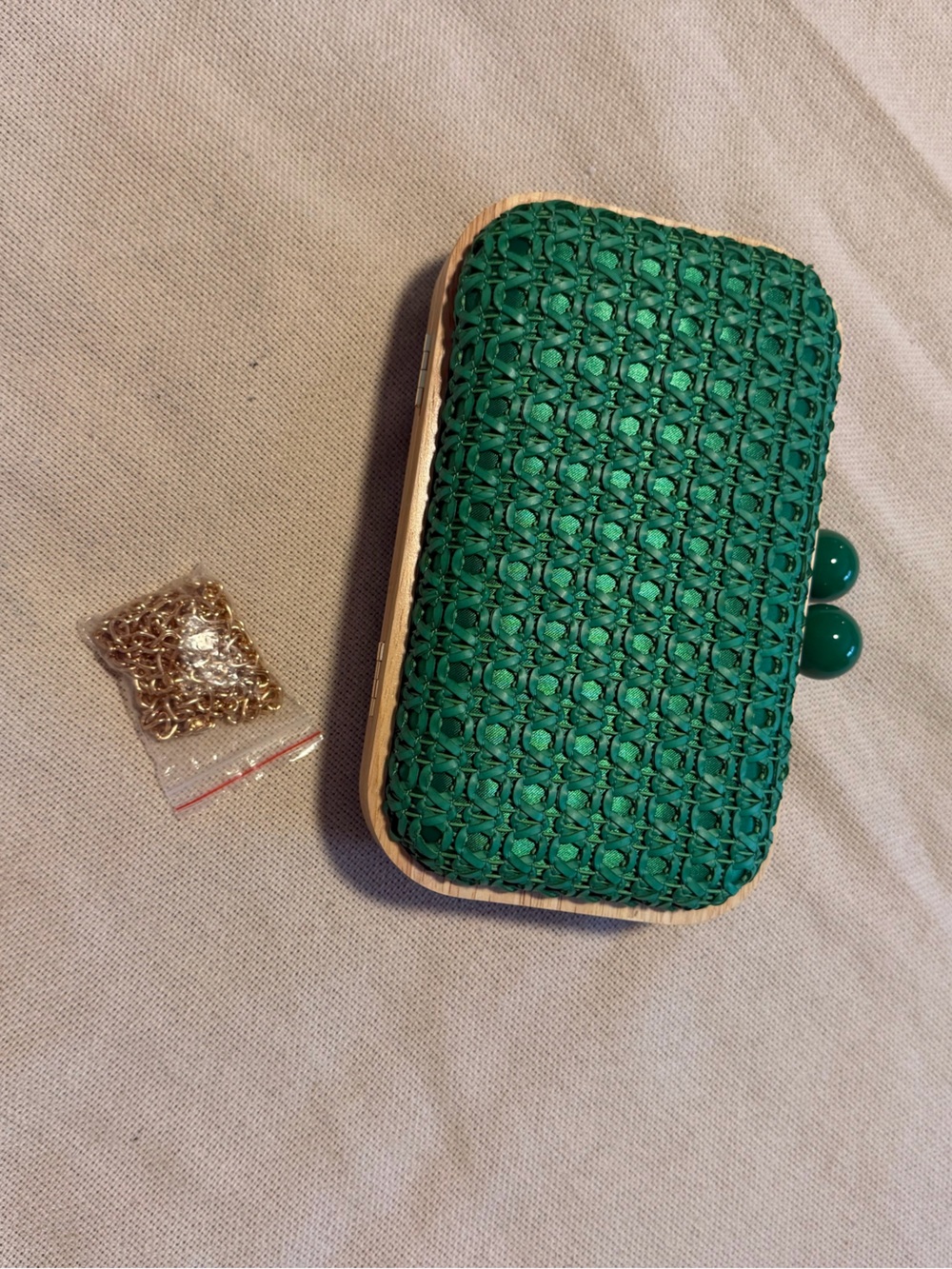 Green Woven Clutch Bag with Gold Chain